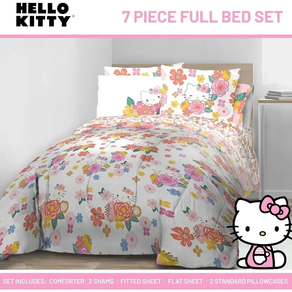 NEW Jay Franco Hello Kitty Floral Full Double Comforter Set 7 Piece Bedding Set